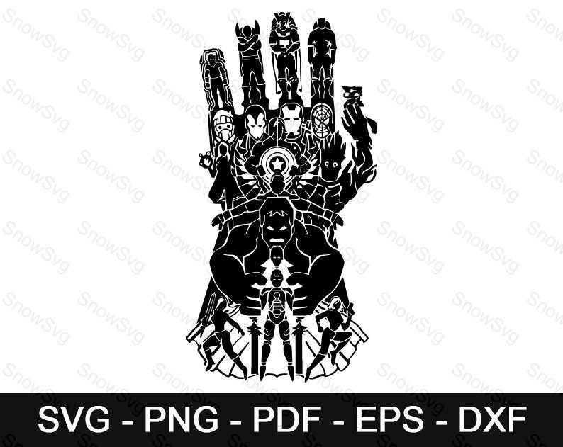 May include: Black and white silhouette of the Infinity Gauntlet with various Marvel characters, including Iron Man, Captain America, Thor, Hulk, and Black Widow.