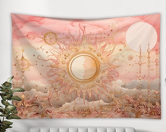 Tapisserie soleil, tapisserie nordique, tapisserie rose, tapisserie ornée, tapisserie noble, tapisserie vintage, tapisserie nuage, tapisserie imprimée, décor de fond