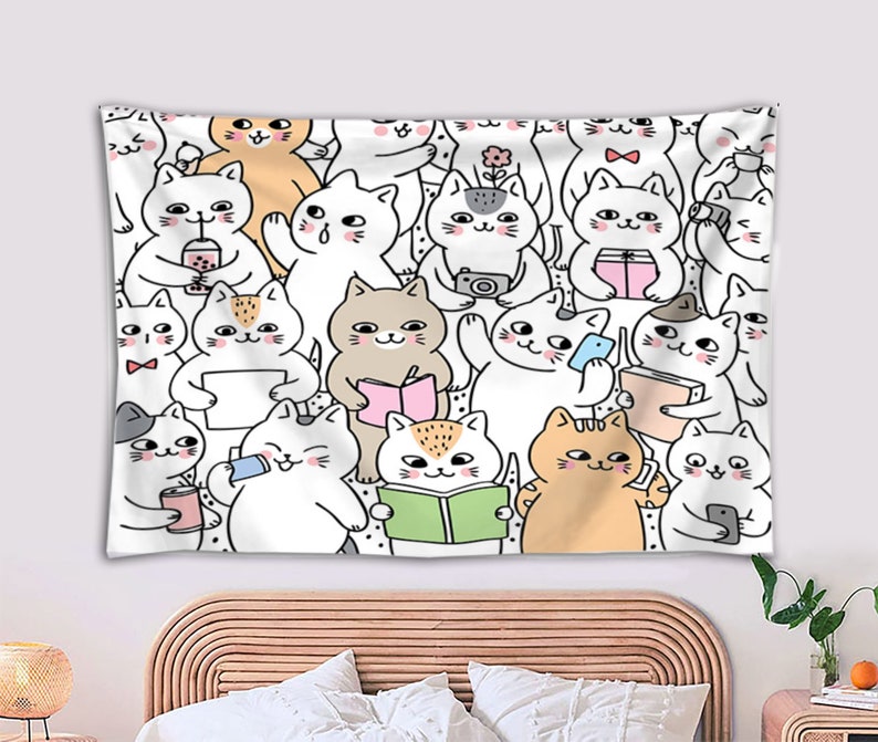 Animal Wall Art Tapestry/kawaii Cat Background Cloth/cute Cat Etsy