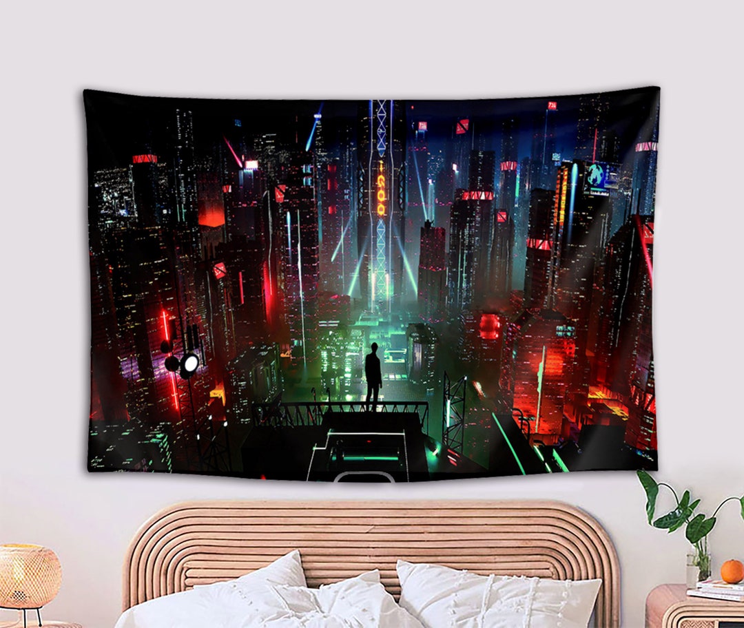 Anime Osaka City Nightlife Tapestrycity Nightscape Wall Etsy