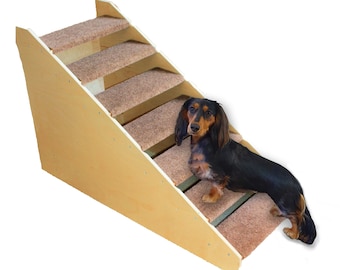 Short Leg Pet Steps, Made in USA, 3 Inch Step Height Quality Wood & Carpet, Durable Dog Cat Stair, Portable 7 Stairs for High Beds, Couches