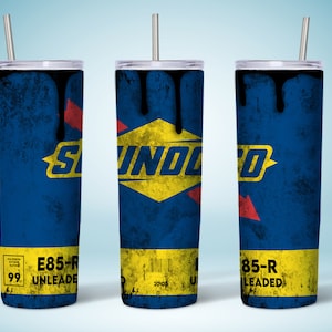 May include: A stainless steel tumbler with a blue and yellow design featuring the Sunoco logo and the text "E85-R Unleaded". The tumbler has a black drip effect and a straw.