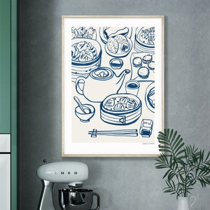 Dim sum art print, Modern kitchen decor poster, Chinese asian food illustration, Hand drawn wall art, Blue drawing, Yum cha, Malaysia, HK