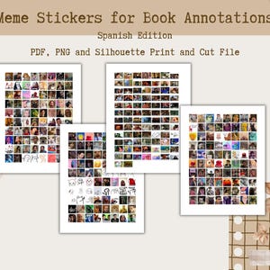 Puede incluir: Cuatro hojas de pegatinas de memes para anotaciones de libros. Las hojas están llenas de varias imágenes de memes. El texto en la parte superior dice "Meme Stickers for Book Annotations Spanish Edition PDF, PNG and Silhouette Print and Cut File."