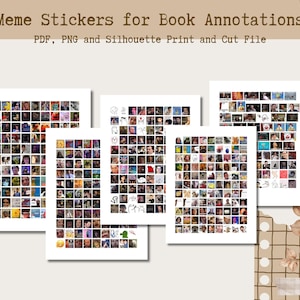 Può includere: Vengono mostrati diversi fogli di adesivi meme per le annotazioni dei libri. I fogli sono pieni di varie immagini di meme. Il testo in alto recita "Meme Stickers for Book Annotations PDF, PNG and Silhouette Print and Cut File."