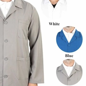 May include: A long-sleeved lab coat with a button-up front and two pockets. The coat is shown in gray, but is also available in white, blue, navy blue, and gray.