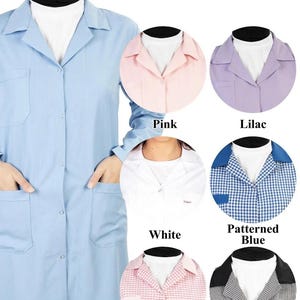 May include: A long-sleeved lab coat in light blue with a button closure and two pockets. The image shows different color and patterned variations of the lab coat, including pink, lilac, white, patterned blue, patterned pink, and patterned black.