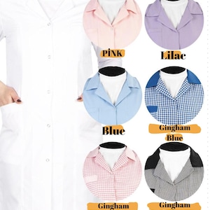 Gingham work coat, LONG Lab Coat,Gingham work apront, Lab Coat with Business and Name, cleaning companies hotels