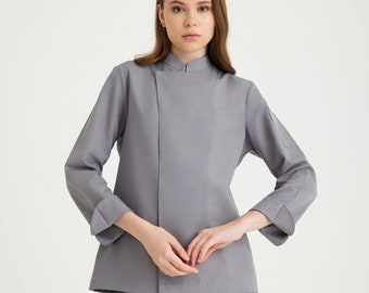 Chaqueta Chef Cocinera Mujer Gris Claro con Bordado, Personalizada, Nombre, Cumpleaños, Navidad, Regalos, Restaurante, Hotel, Profesional