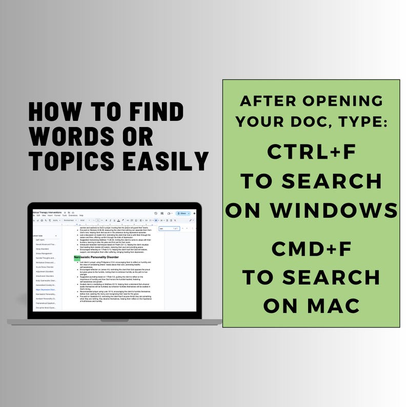 May include: A green and white graphic with the text "HOW TO FIND WORDS OR TOPICS EASILY" and "AFTER OPENING YOUR DOC, TYPE: CTRL+F TO SEARCH ON WINDOWS CMD+F TO SEARCH ON MAC".
