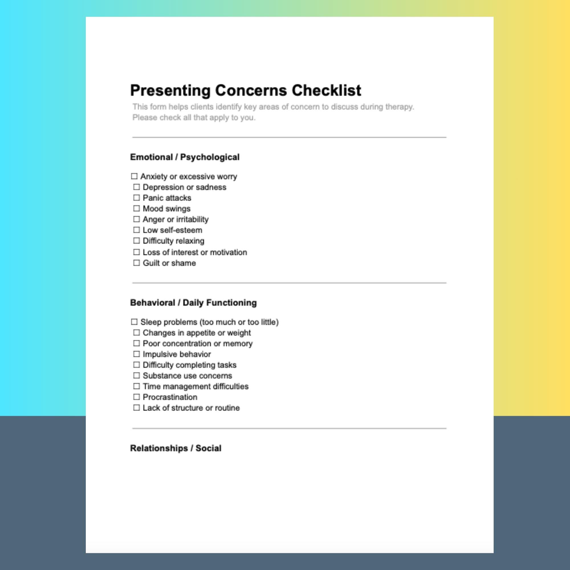 Presenting Concerns Checklist Client Form Therapy Intake Editable Word ...