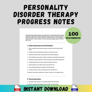 Può includere: Un documento bianco intitolato "PERSONALITY DISORDER THERAPY PROGRESS NOTES" con il testo "100 STATEMENTS" in un cerchio verde. Il documento include sezioni su valutazione, psicoeducazione e altro. Le parole "INSTANT DOWNLOAD" sono in basso.