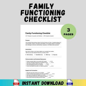 May include: A Family Functioning Checklist, a printable document with sections on communication and support. The title is in bold, black letters. The words "Instant Download" are at the bottom of the page.
