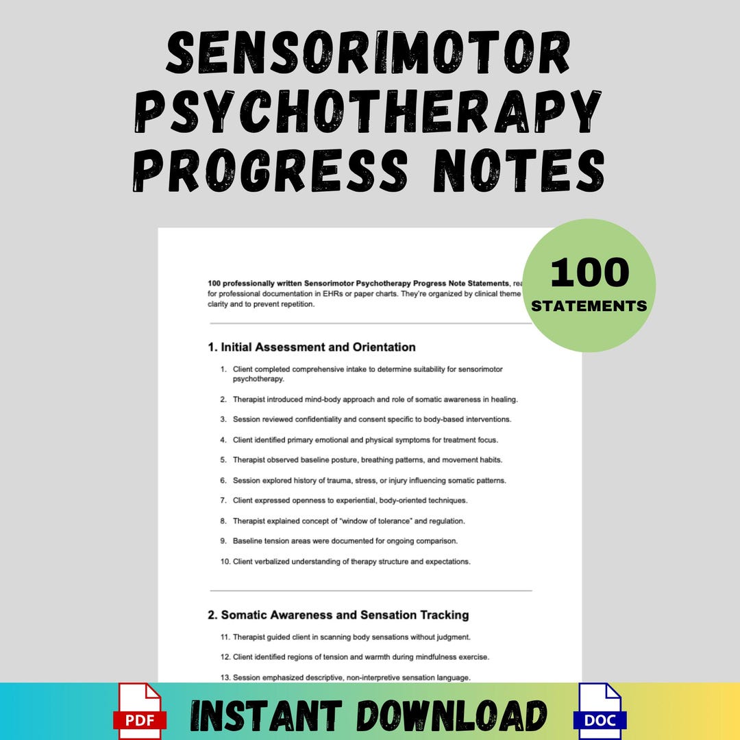 Sensorimotor Psychotherapy Progress Notes Mental Health Documentation Tool Counseling PDF Word ...