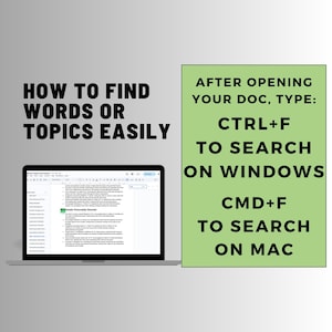 May include: A laptop displaying a document with text, next to a green rectangle with the text "AFTER OPENING YOUR DOC, TYPE: CTRL+F TO SEARCH ON WINDOWS CMD+F TO SEARCH ON MAC". The image also has the text "HOW TO FIND WORDS OR TOPICS EASILY".