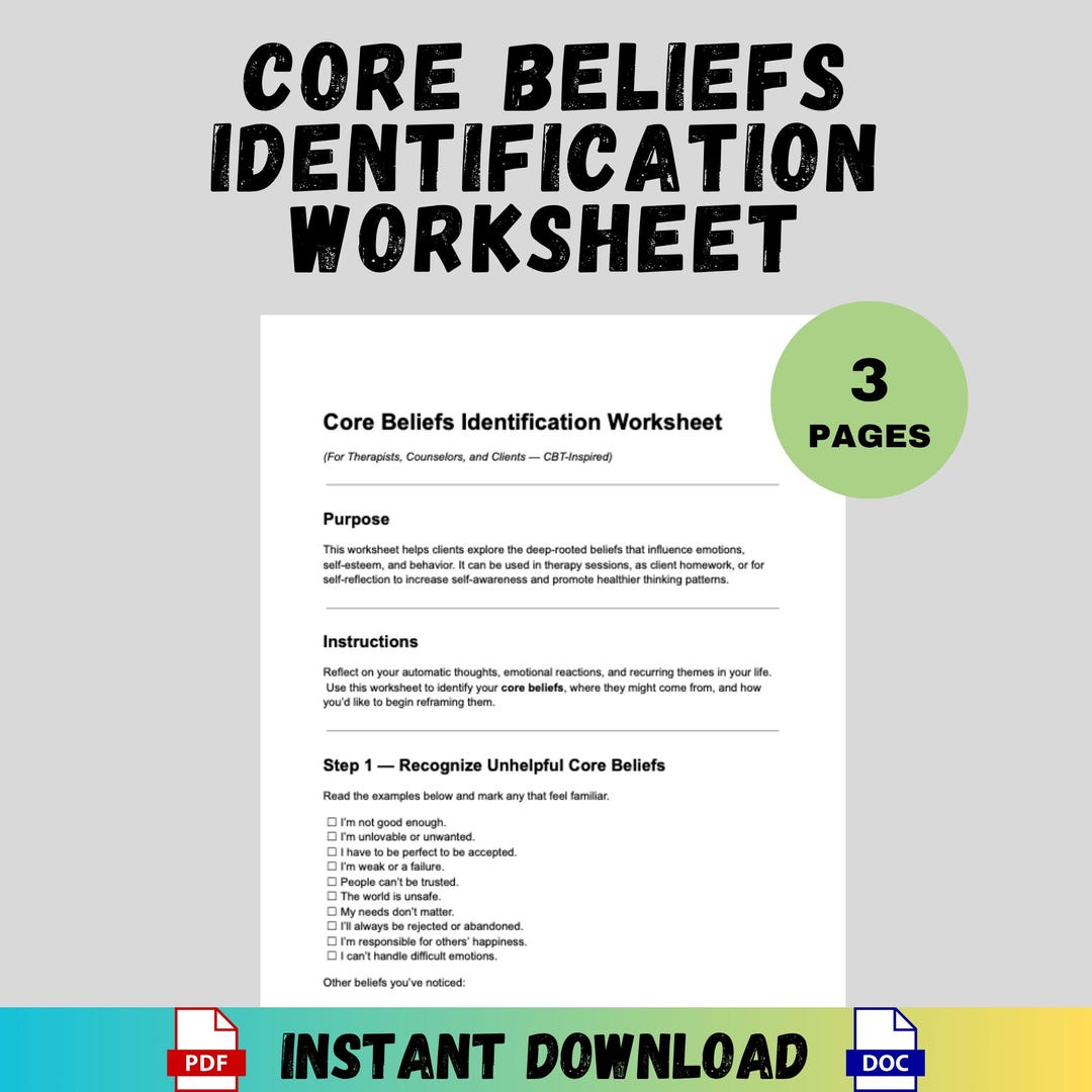 Core Beliefs Identification Worksheet Therapist Tool CBT Inspired ...