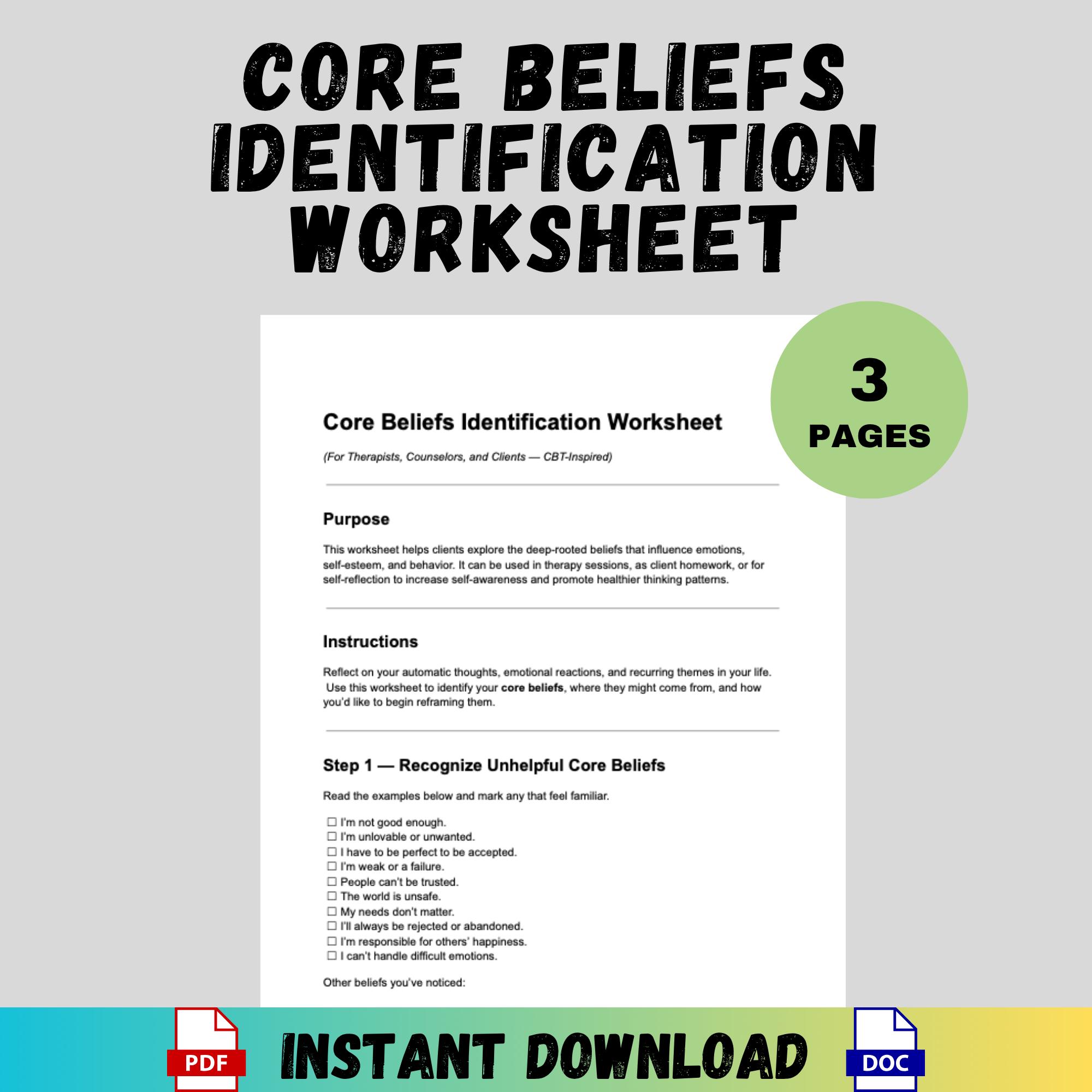 Core Beliefs Identification Worksheet Therapist Tool CBT Inspired