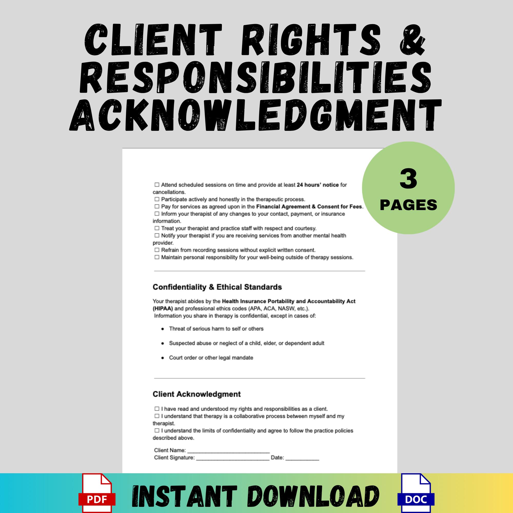 Client Rights Therapy Client Rights and Responsibilities Form Therapist Tool Editable Word ...