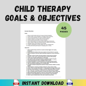 Könnte beinhalten: Ein druckbares PDF-Dokument mit dem Titel "Kindertherapieziele & -ziele" und dem Untertitel "Angststörungen". Das Dokument listet 45 Seiten mit Zielen und Zielen für die Behandlung von Angstzuständen bei Kindern auf.