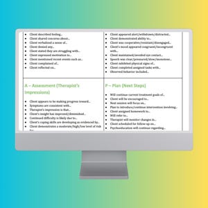 Puede incluir: Una tableta digital muestra un documento con listas con vi&ntilde;etas. El documento est&aacute; dividido en secciones etiquetadas como "A - Evaluaci&oacute;n (Impresiones del terapeuta)" y "P - Plan (Pr&oacute;ximos pasos)". La tableta est&aacute; sobre un soporte.