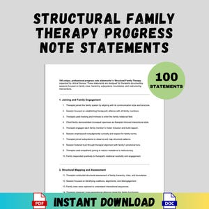 Puede incluir: Documento titulado "STRUCTURAL FAMILY THERAPY PROGRESS NOTE STATEMENTS" con el texto "100 STATEMENTS" en un círculo verde. El documento incluye secciones sobre participación familiar y mapeo estructural, con "INSTANT DOWNLOAD" en la parte inferior.