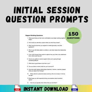 Könnte beinhalten: Ein weißes Dokument mit schwarzem Text, betitelt "INITIAL SESSION QUESTION PROMPTS". Es enthält Fragen zum Aufbau von Beziehungen und einen grünen Kreis mit "150 QUESTIONS". Der untere Teil des Dokuments lautet "INSTANT DOWNLOAD".
