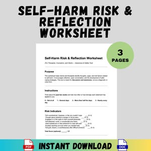 Pode incluir: Uma folha de trabalho imprimível intitulada "Self-Harm Risk & Reflection Worksheet" com o texto "3 PAGES" em um círculo verde. A folha de trabalho inclui seções para indicadores de risco e instruções. A parte inferior da imagem diz "INSTANT DOWNLOAD".
