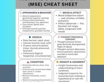 May include: A Mental Status Exam (MSE) cheat sheet with sections on Appearance & Behavior, Speech, Cognition, Mood & Affect, Thought Process & Content, and Insight & Judgment. The text is in a clear, easy-to-read format, with bullet points for each category.
