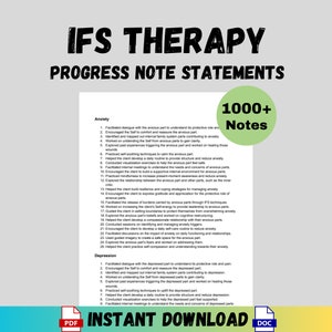 May include: A printable PDF document with the title "IFS Therapy Progress Note Statements" and a green circle with the text "1000+ Notes". The document lists progress note statements for anxiety and depression.