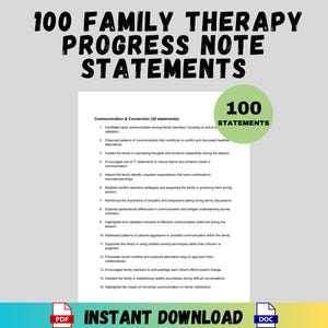 Pode incluir: Um documento PDF imprimível com o título "100 Family Therapy Progress Note Statements". O documento contém uma lista de declarações relacionadas à comunicação e conexão em terapia familiar.