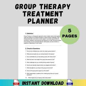 Puede incluir: Un planificador de tratamiento de terapia grupal digital con el texto "GROUP THERAPY TREATMENT PLANNER" en la parte superior. El planificador incluye una definición, preguntas de registro y un gráfico de "5 PAGES". La parte inferior de la imagen dice "INSTANT DOWNLOAD".