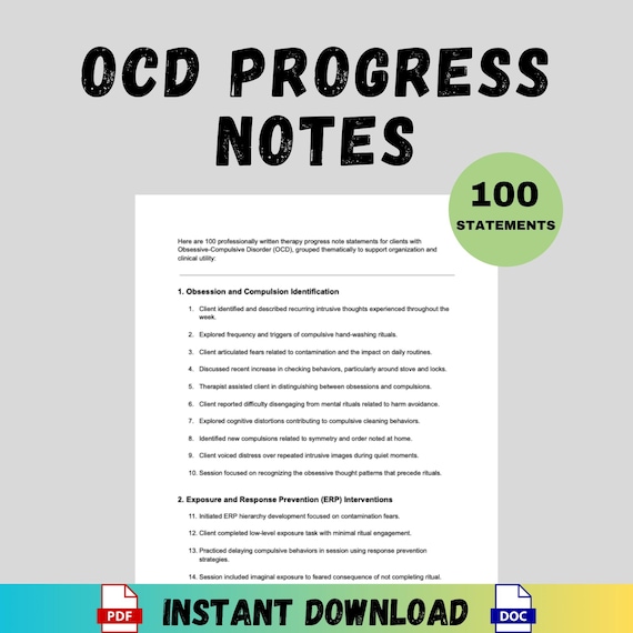 OCD Progress Notes for Therapists Printable Mental Health Clinical