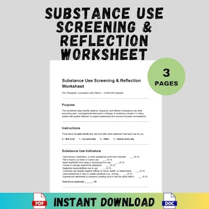 Op de afbeelding: Een werkblad getiteld "Substance Use Screening & Reflection Worksheet" met instructies en indicatoren voor drugsgebruik. Het document is bedoeld voor therapeuten en counselors. De afbeelding bevat de tekst "3 PAGES" en "INSTANT DOWNLOAD".