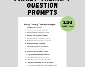 Può includere: Un documento bianco con il testo "Family Therapy Question Prompts" e un elenco di domande. Un cerchio verde mostra "150 Questions". Il documento include il testo "Download istantaneo" e le icone PDF e DOC.
