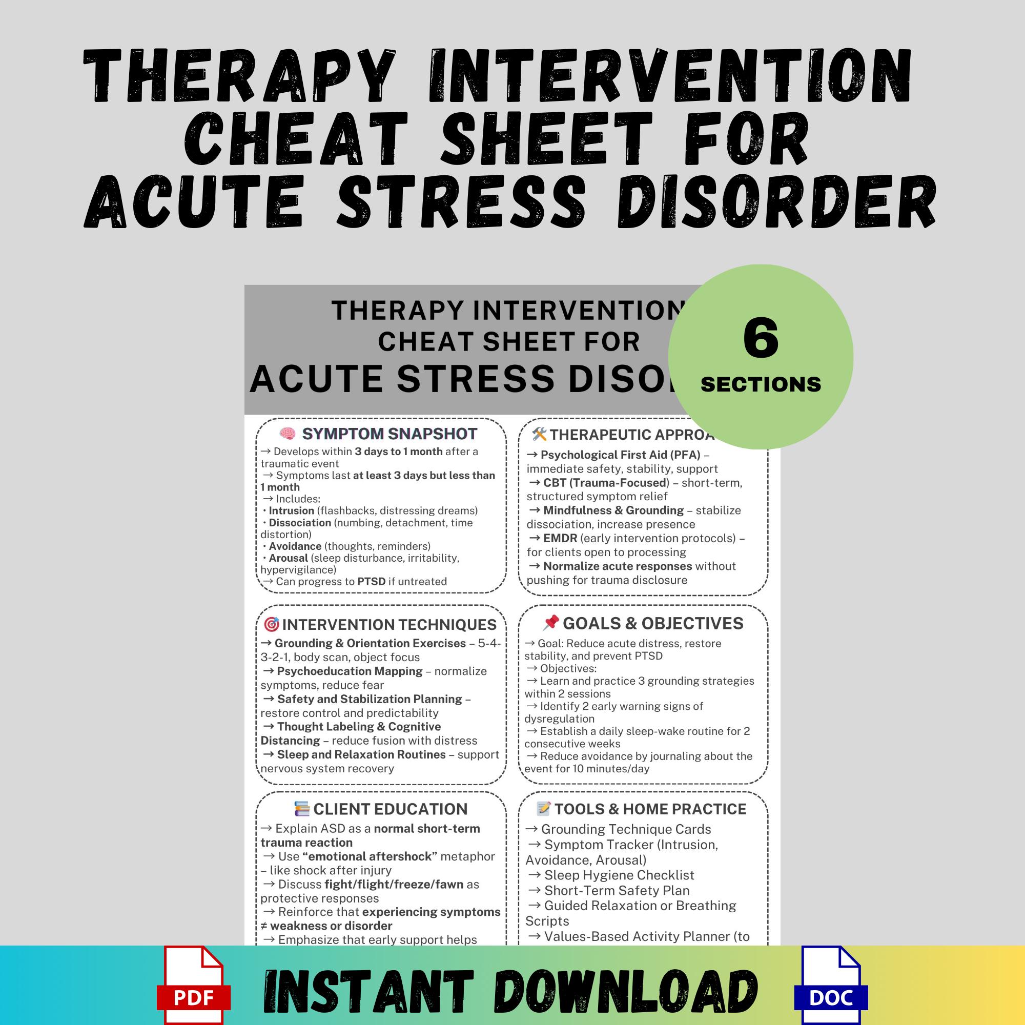 Acute Stress Disorder Therapy Interventions Cheat Sheet PDF Trauma ...