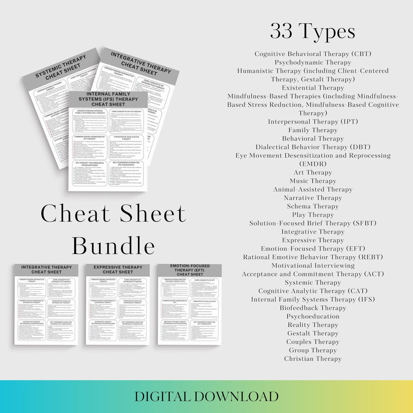 Types of Therapy Cheat Sheet Bundle Cognitive Behavioral Therapy CBT ...