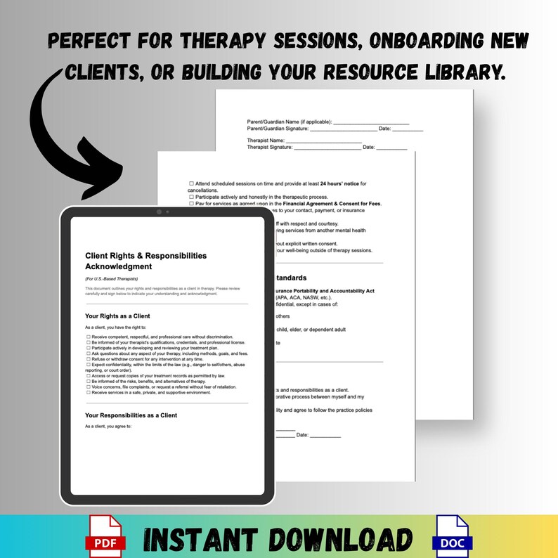 Printable Client Rights Client Rights and Responsibilities Form Therapist Tool Editable Word ...