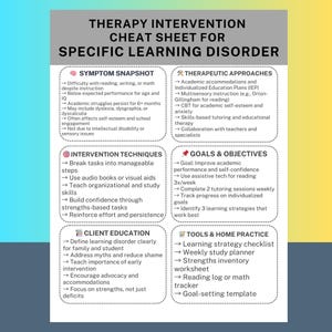 Specifieke leerstoornis Therapie-interventies Cheatsheet pdf voor counselors CBT-tool Werkblad geestelijke gezondheid Hulpmiddel voor therapeut downloaden