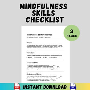 以下が含まれることがあります： 黒いテキストで「Mindfulness Skills Checklist」というタイトルの白いワークシート。チェックリストには、意識スキルと非判断的な姿勢に関するセクションが含まれています。画像には「INSTANT DOWNLOAD」と「3 PAGES」というテキストも含まれています。