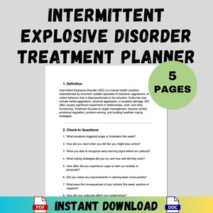Può includere: Un pianificatore di trattamento stampabile per il disturbo esplosivo intermittente (DEI). Il documento include una definizione di DEI e domande di controllo. Il pianificatore è disponibile per il download immediato in formato PDF e DOC. Il documento ha 5 pagine.