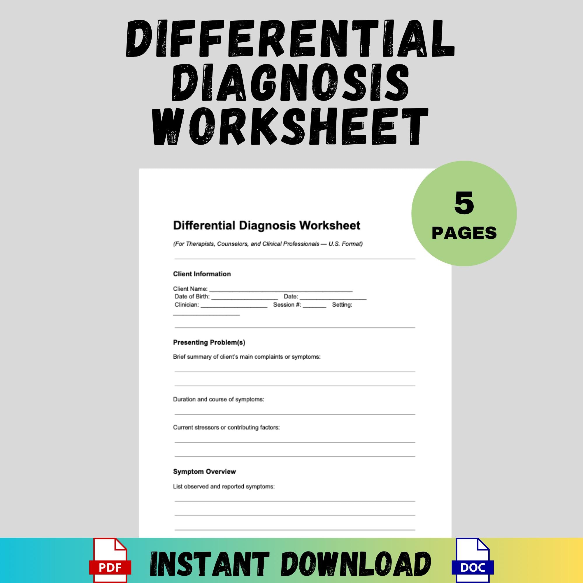 Differential Diagnosis Worksheet, Editable PDF Clinical Assessment Form ...