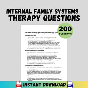 May include: A printable worksheet titled "Internal Family Systems (IFS) Therapy Questions" with a green circle containing the text "200 Questions". The worksheet is divided into three sections: Getting to Know Parts, Exploring Relationships Among Parts, and Understanding Exiles and Protectors. Each section features a list of questions related to internal family systems therapy.