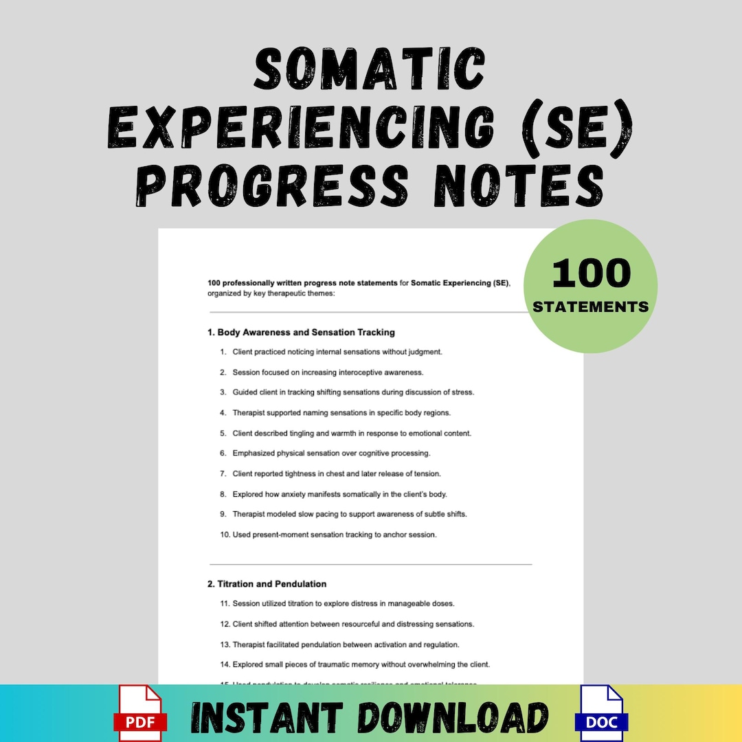 Somatic Experiencing Progress Notes for Therapists Counselors Social ...