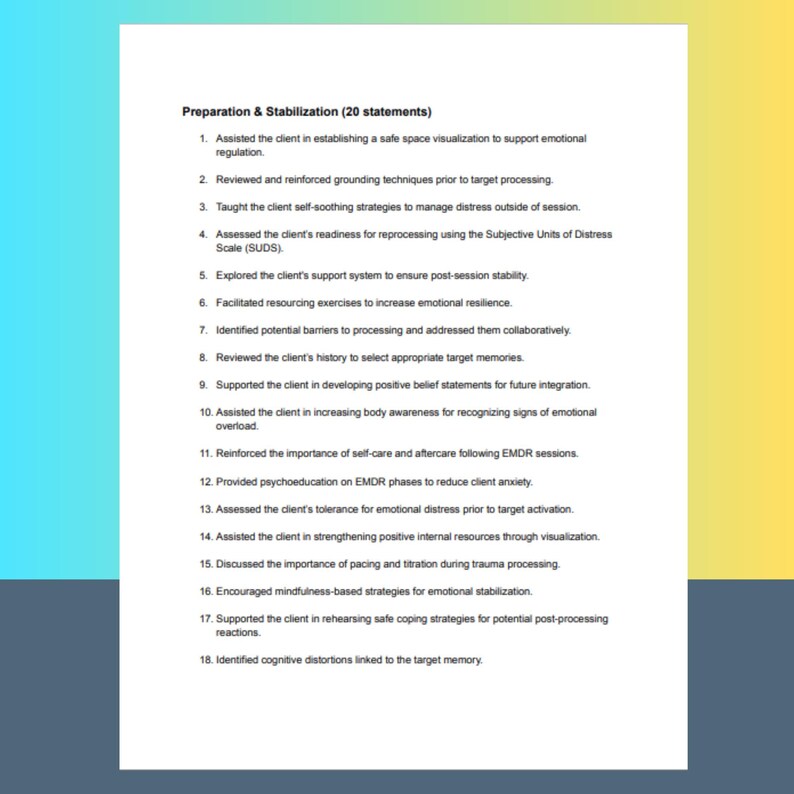 Emdr Note EMDR Progress Note Statements for Therapists Counseling Tool for Trauma ...