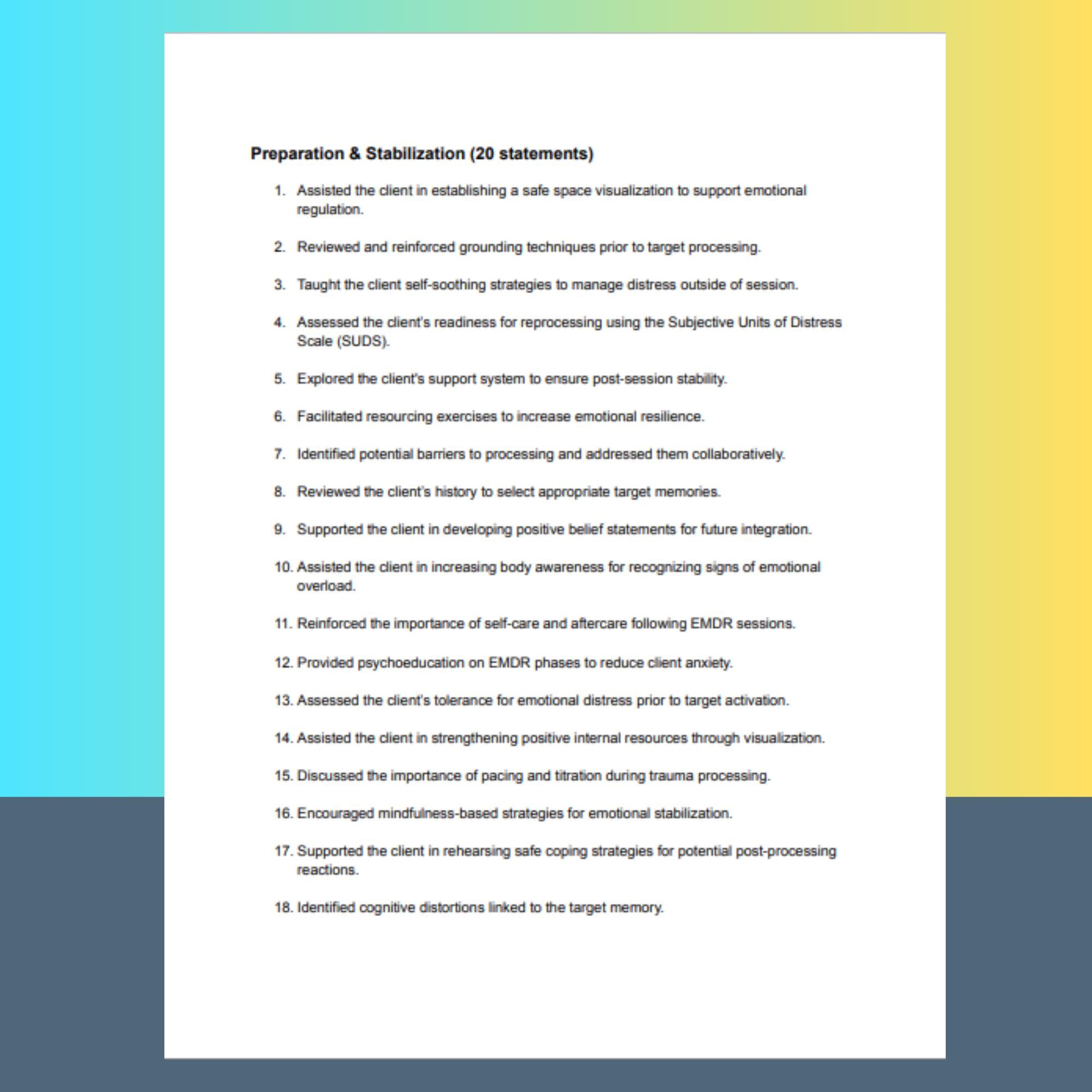 EMDR Progress Note Statements for Therapists Counseling Tool for Trauma ...