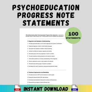 Könnte beinhalten: Ein Dokument mit dem Titel „PSYCHOEDUCATION PROGRESS NOTE STATEMENTS“ mit einer Liste von 100 Aussagen. Das Dokument enthält Abschnitte zu Diagnose, Symptomverständnis und Therapieansätzen. Die Worte „INSTANT DOWNLOAD“ stehen unten.