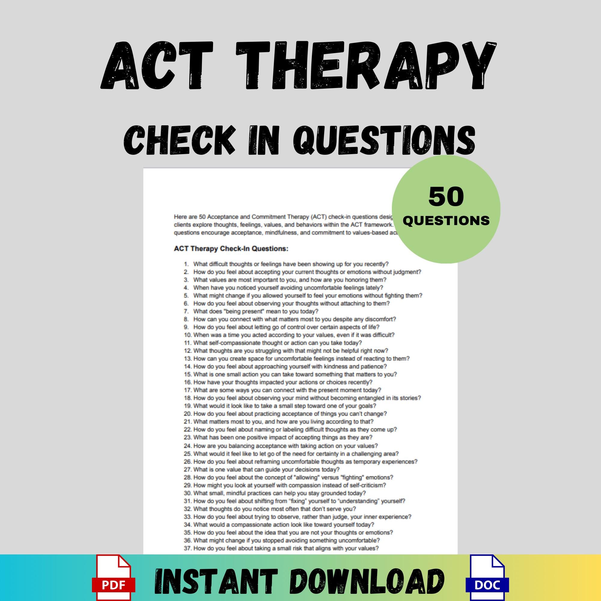 ACT Therapy Questions Acceptance Commitment Therapy Check-in Counseling ...