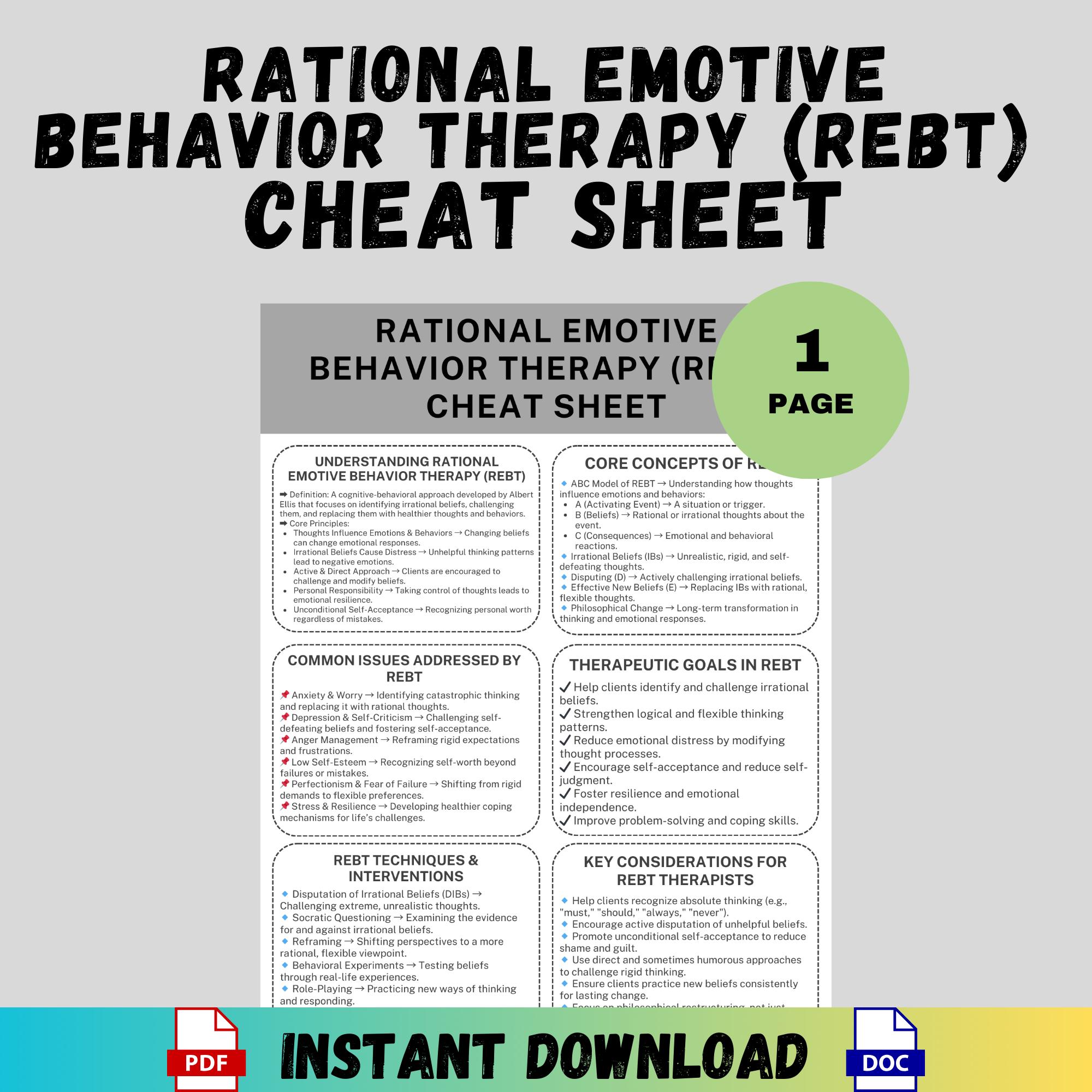 Rational Emotive Behavior Therapy REBT Cheat Sheet Printable Counseling ...