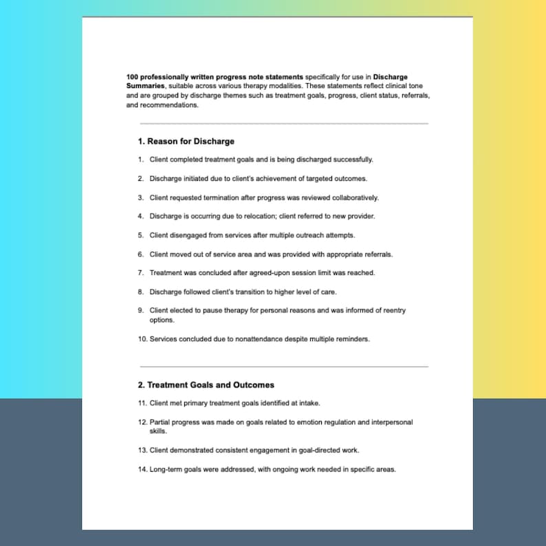 Discharge Summary Template for Therapists Counseling Progress Note ...
