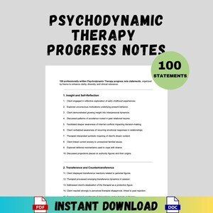 Pode incluir: Um documento branco intitulado "PSYCHODYNAMIC THERAPY PROGRESS NOTES" com o texto "100 STATEMENTS" em um círculo verde. O documento lista declarações sobre terapia, com as palavras "INSTANT DOWNLOAD" na parte inferior.
